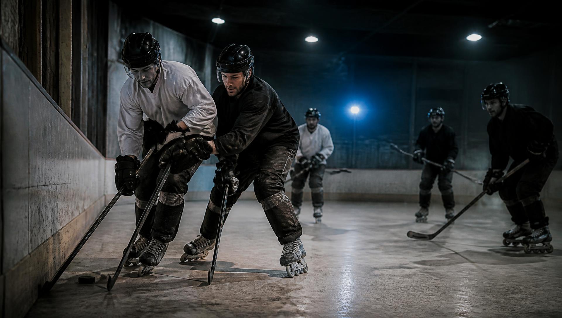Roller hockey players battling for the puck at Big Wheel